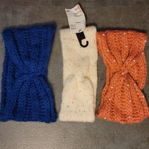 H&M 3 Pk Warm Winter Headbands, Blue, Coral with Beads, White with Sequence